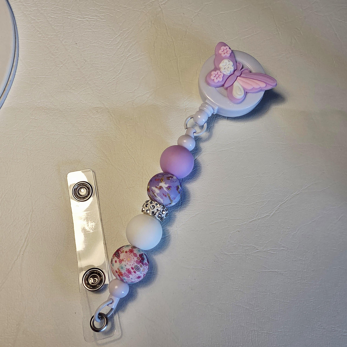 Lavendar Butterfly Badge Reel | Silicone Bead Retractable ID Holder | Handmade