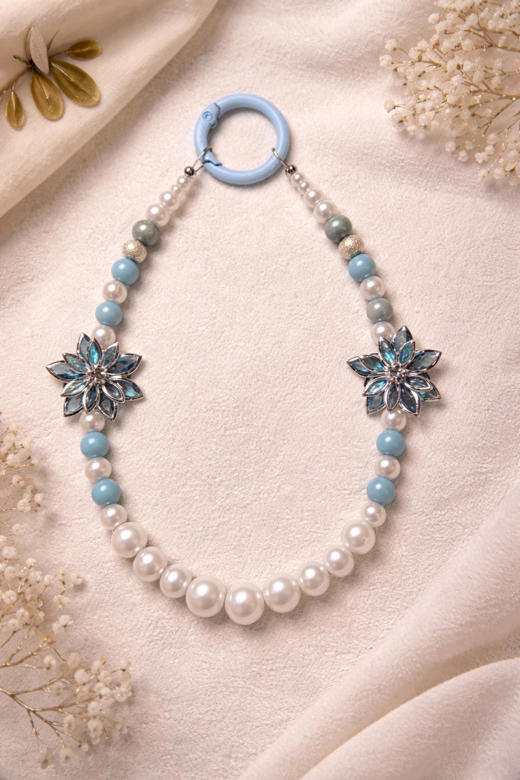 Blue Flower Multi-Use Beaded Keychain or Phone Charm | Elegant Pearl Wrist Strap | Handmade in Australia