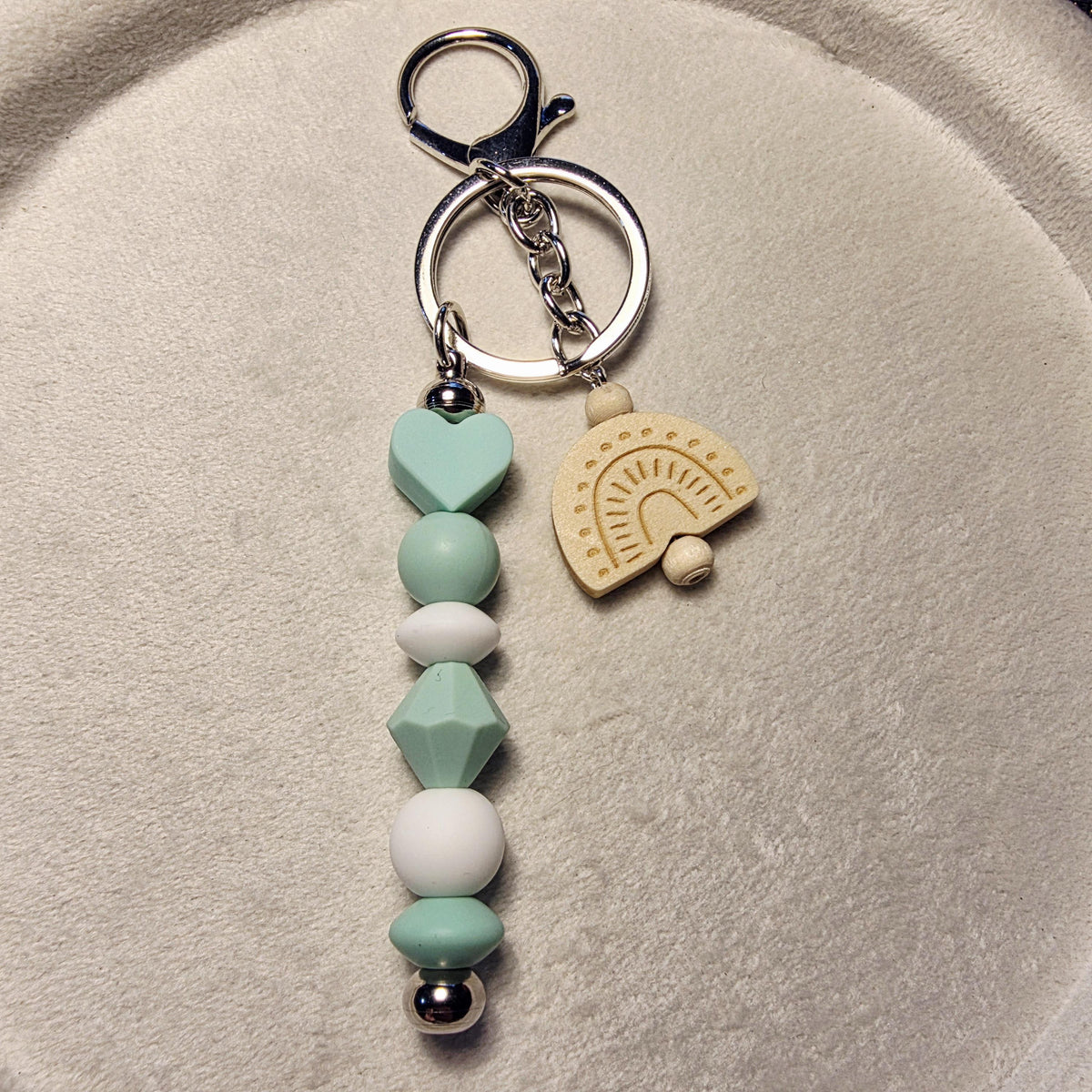 Mint & Neutral Keychain with Wooden Rainbow | Minimalist Beaded Charm | Handmade in Australia