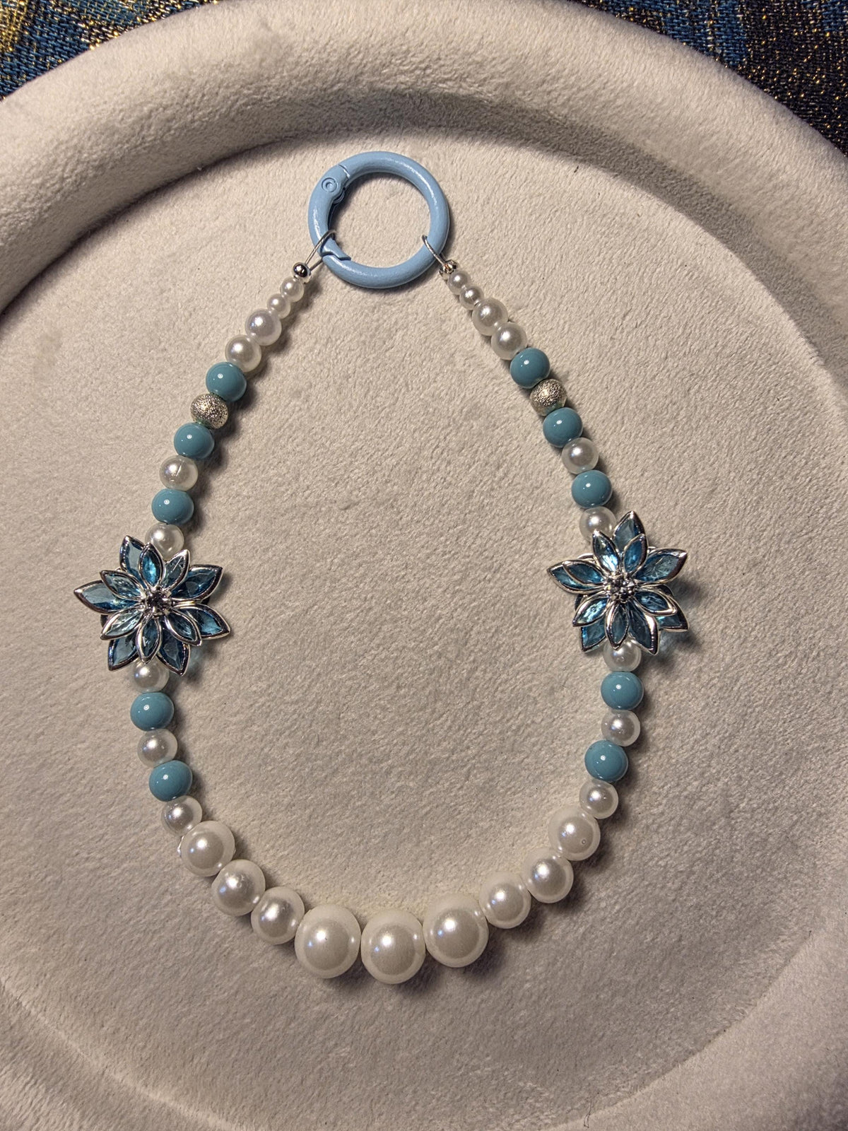 Blue Flower Multi-Use Beaded Keychain or Phone Charm | Elegant Pearl Wrist Strap | Handmade in Australia