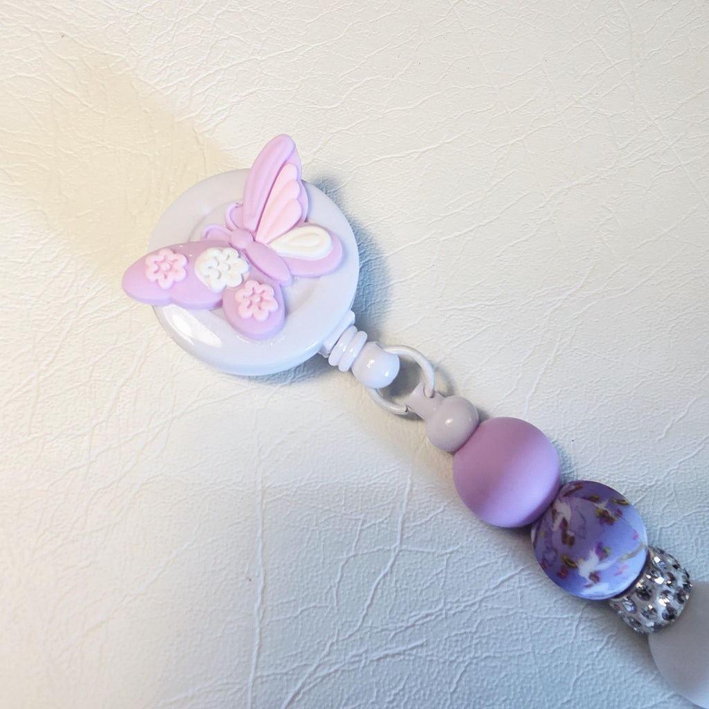 Pink Butterfly Badge Reel | Floral Silicone Retractable ID Holder)