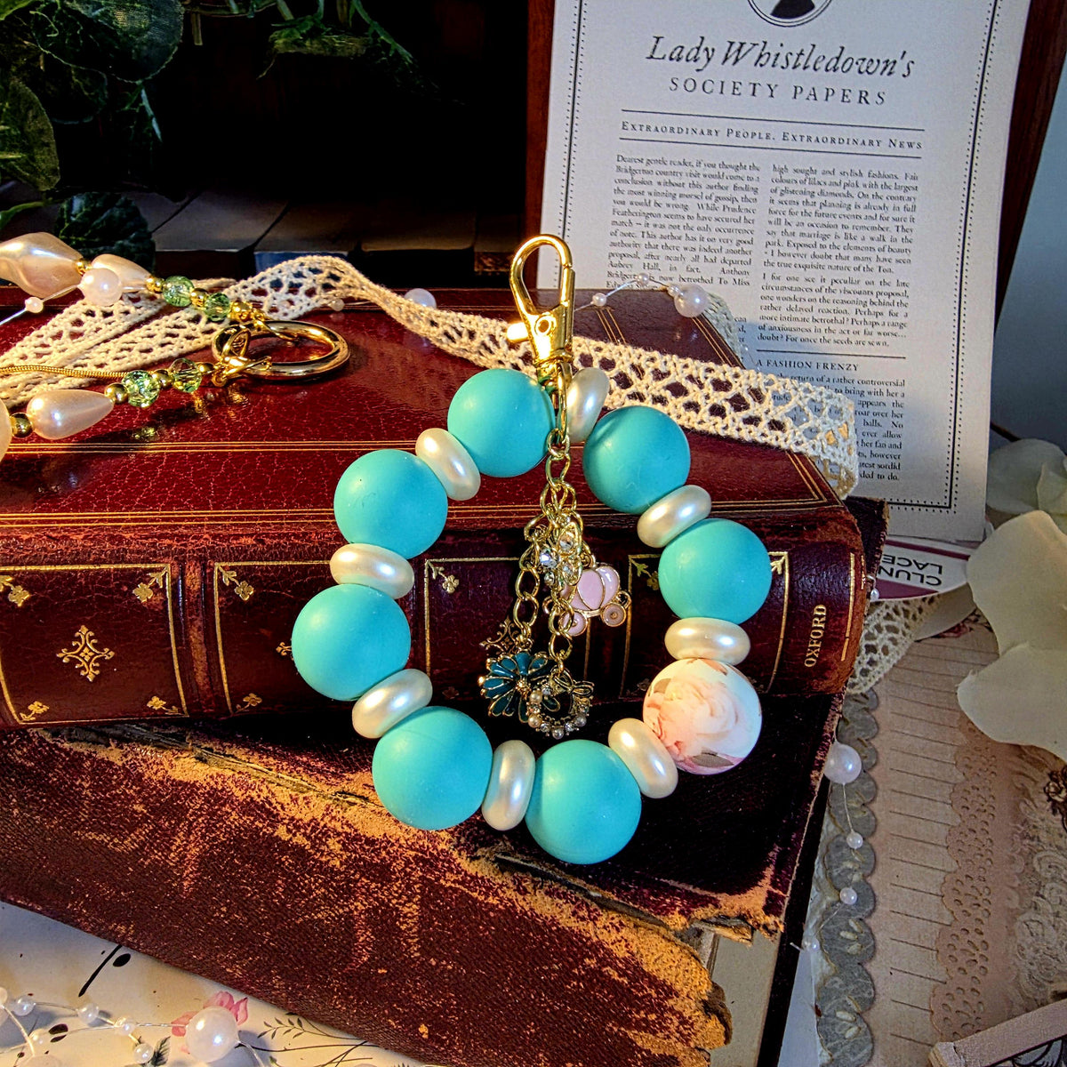 Kate Garden Bag Charm | Turquoise Pearl Mini Keychain | Regency Inspired Charm | Bridgerton Inspired Accessory | Romantic Gift