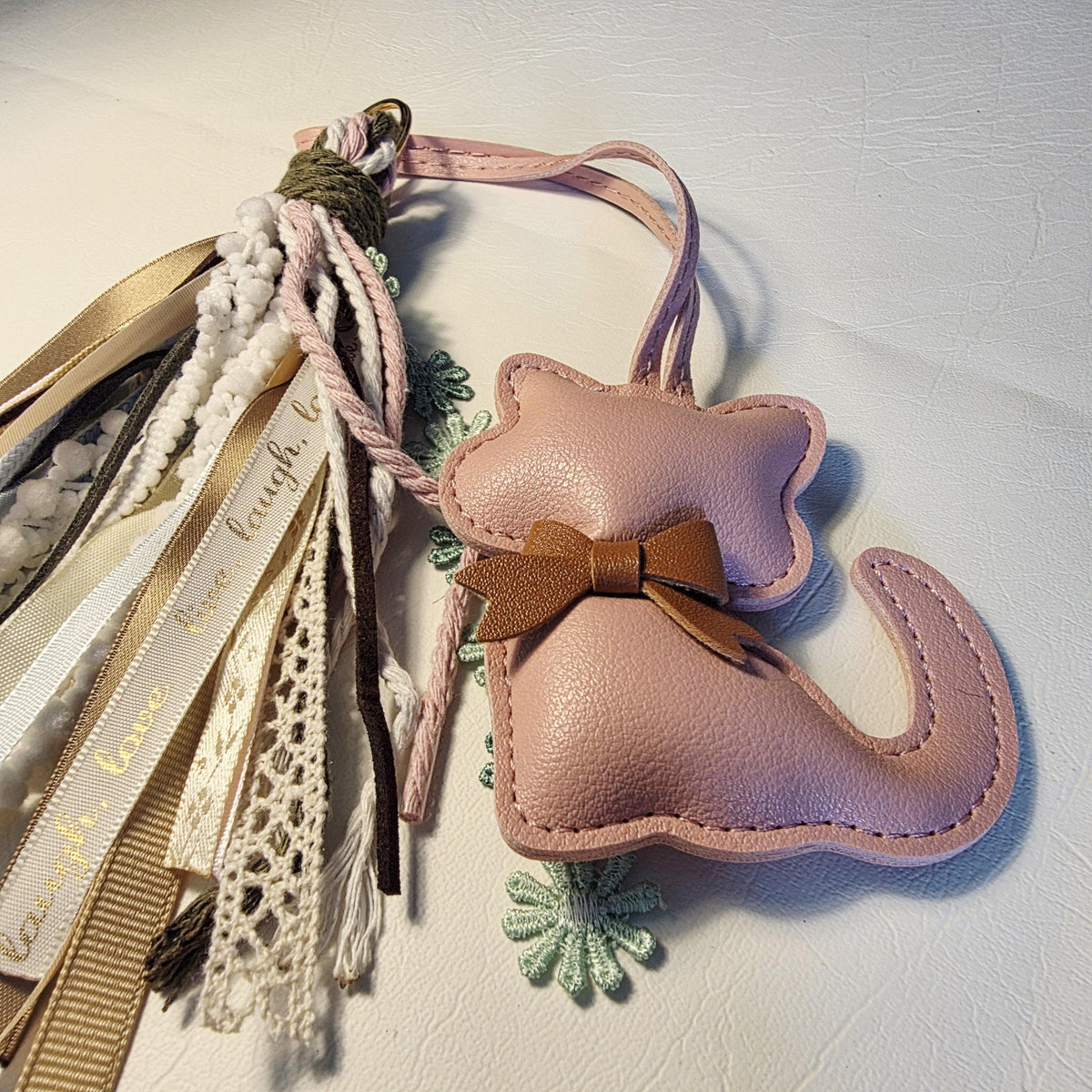 Dusky Pink Faux Leather Cat Bag Charm | Handmade Tassel Keychain