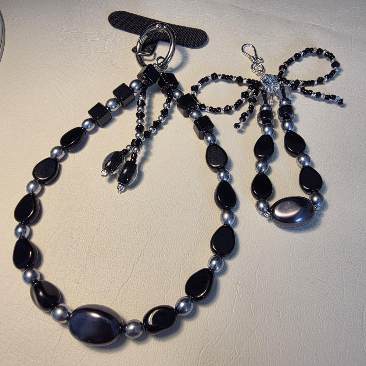 Monochrome Bow Phone Strap & Keychain Set | One of a Kind Handmade Accessory Pair