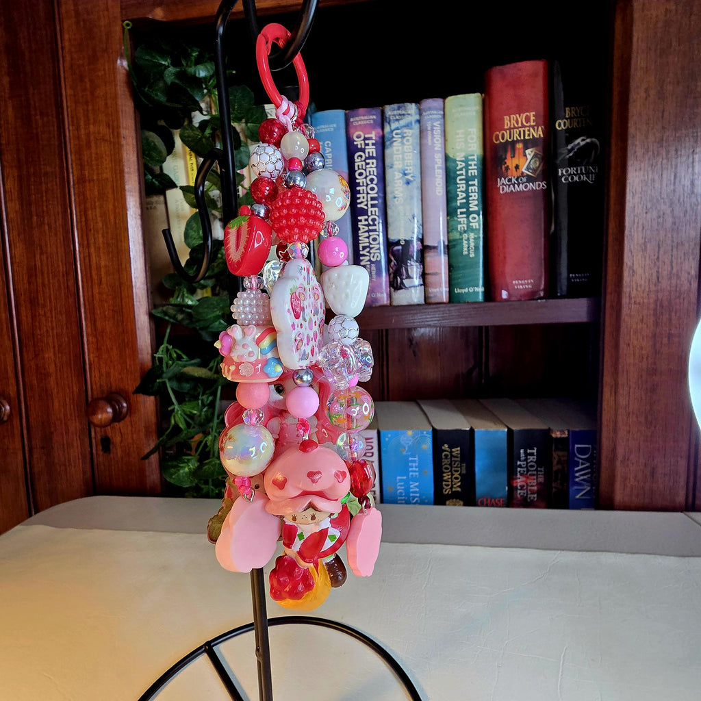 Strawberry Shortcake Bag Charm | Cute Pink Beaded Keychain | Nostalgic Y2K Accessory | Handmade Purse Charm