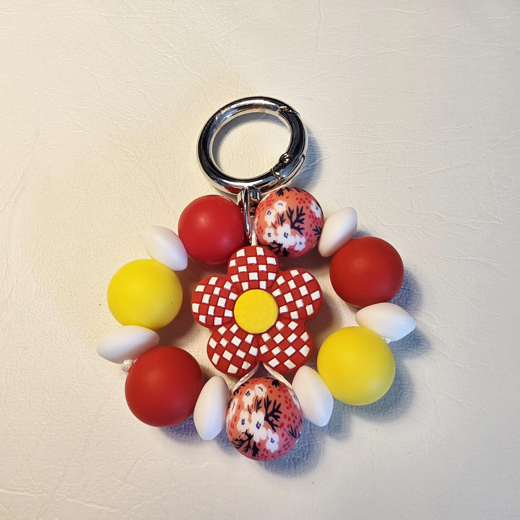 Red Daisy Silicone Keychain | Handmade Beaded Bag Charm | One of a Kind Gift