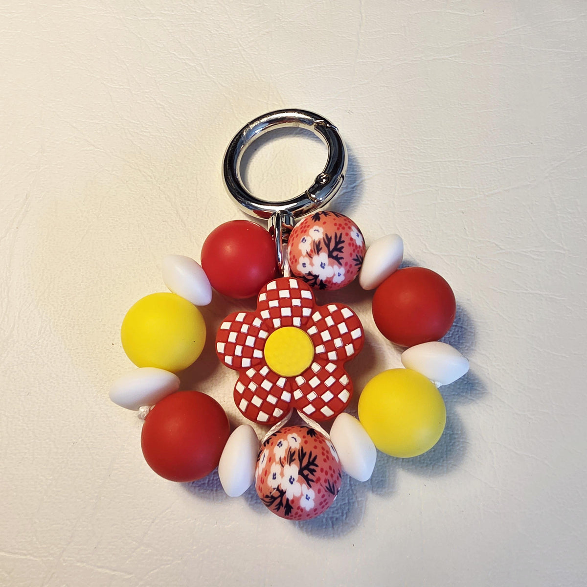 Red Daisy Silicone Keychain | Handmade Beaded Bag Charm | One of a Kind Gift