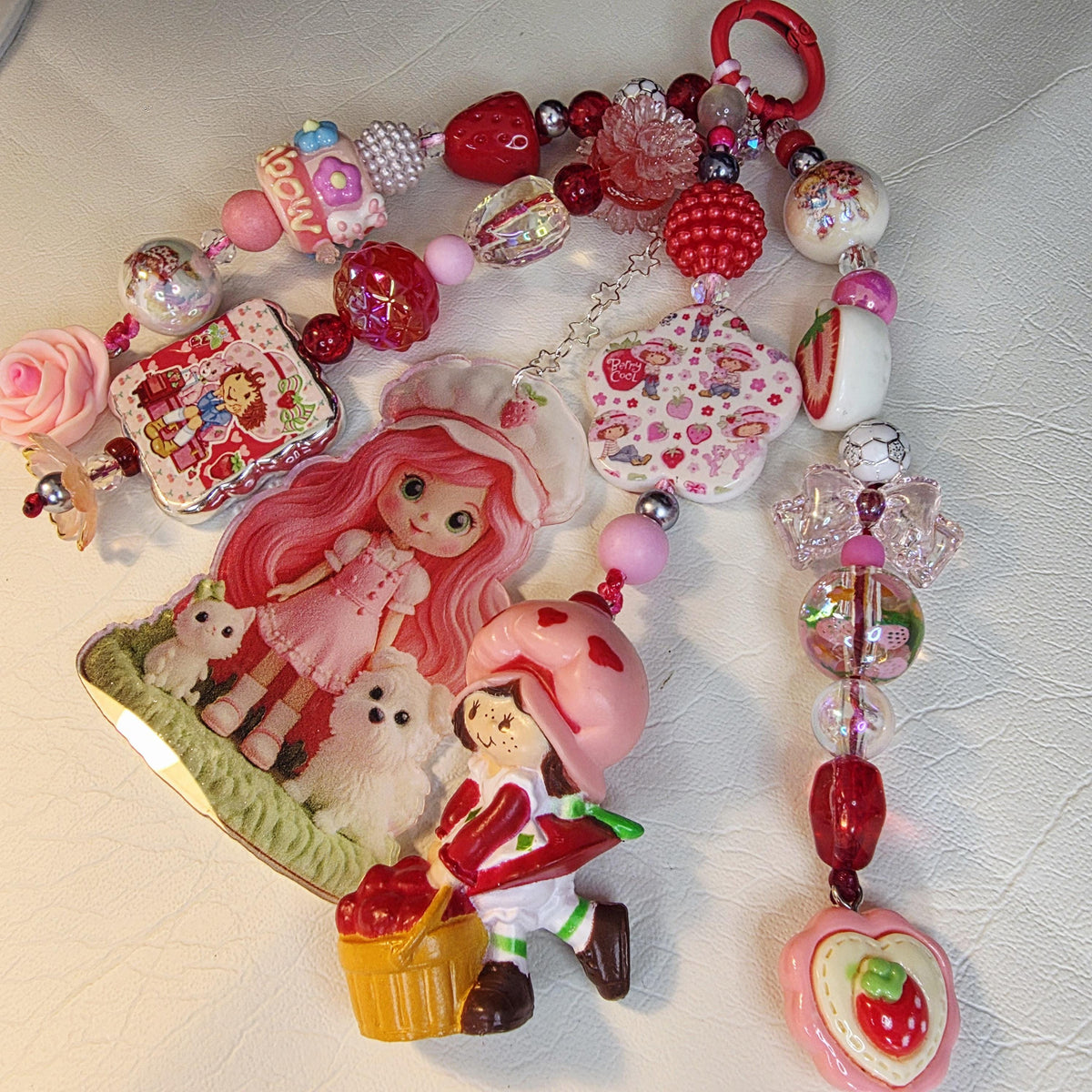 Strawberry Shortcake Bag Charm | Cute Pink Beaded Keychain | Nostalgic Y2K Accessory | Handmade Purse Charm
