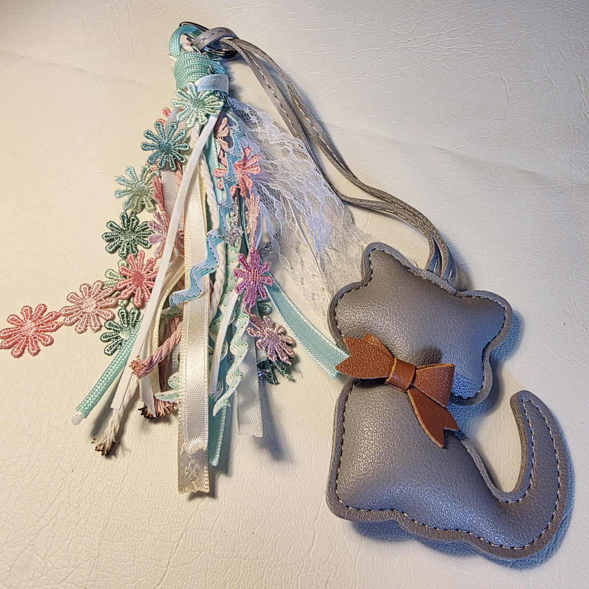 Grey Faux Leather Cat Bag Charm | Handmade Tassel Keychain