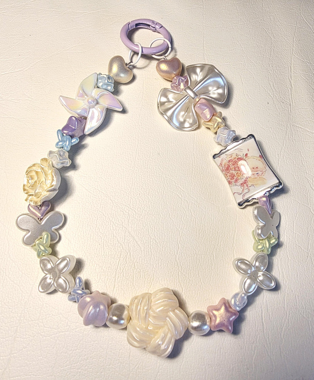 Pastel Floral Phone Charm | Butterfly & Bow Beaded Strap | Handmade Accessory