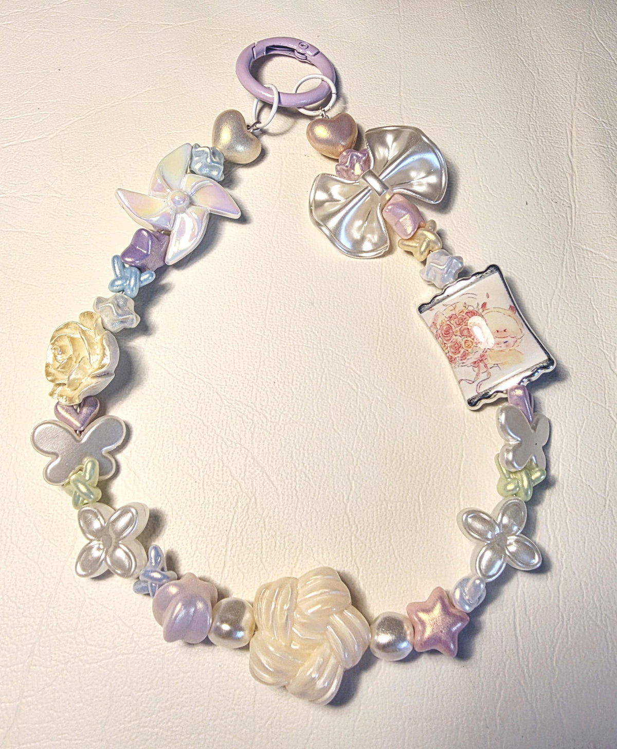 Pastel Floral Phone Charm | Butterfly & Bow Beaded Strap | Handmade Accessory