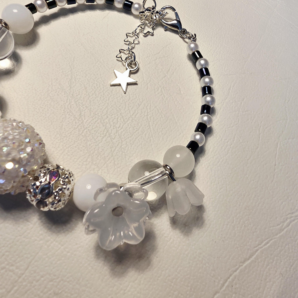 Crystal Snowflower Bracelet | Handmade White Bead Bracelet | Adjustable One of a Kind Gift