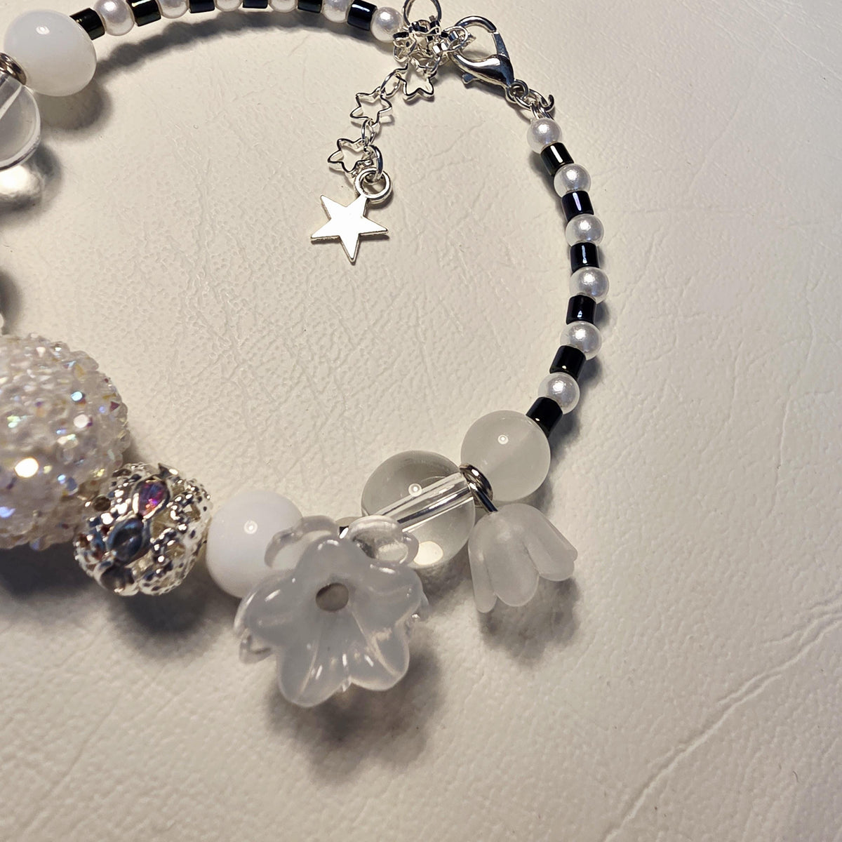 Crystal Snowflower Bracelet | Handmade White Bead Bracelet | Adjustable One of a Kind Gift