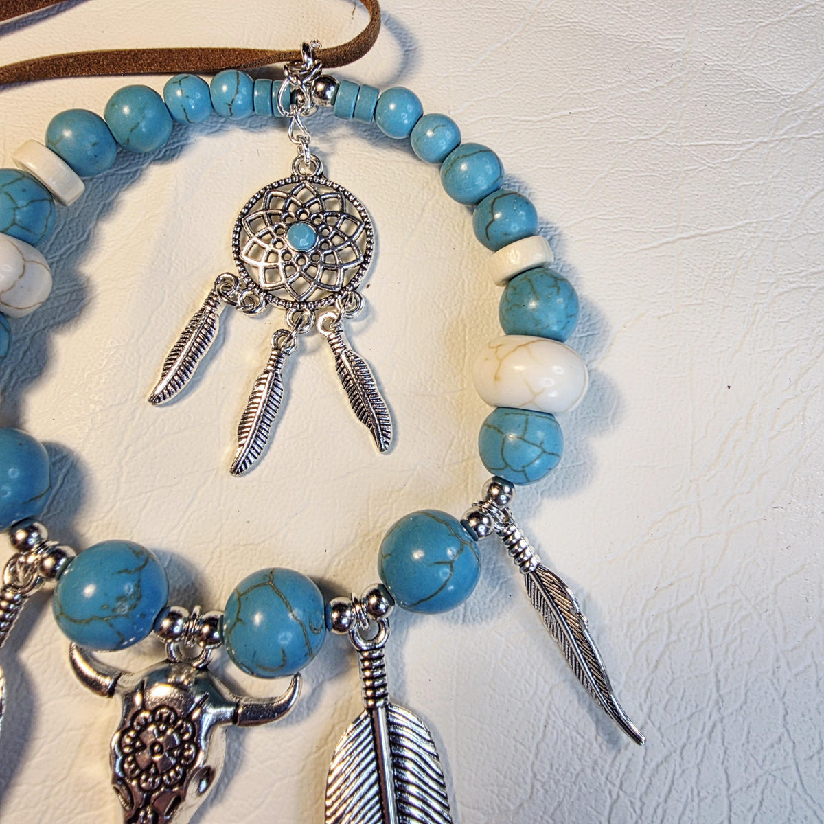 Western Cow Skull Car Mirror Hanger | Turquoise Dreamcatcher Boho Charm