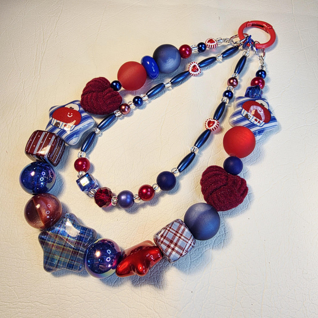 Velvet Heart Phone Charm | Red Blue Beaded Strap | Glam Bag Charm