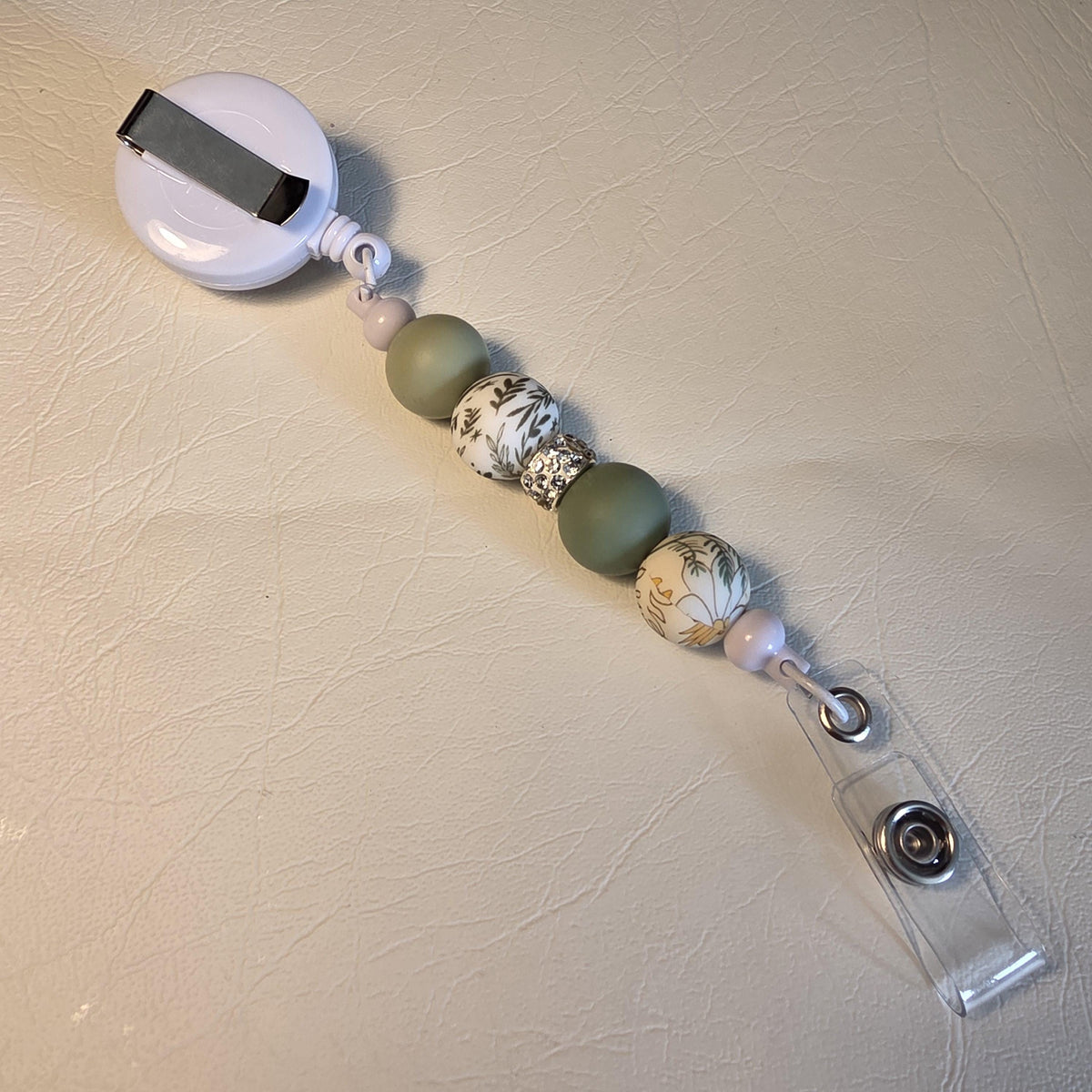 Olive Floral Badge Reel | Silicone Bead ID Holder | Retractable Lanyard | Nurse Teacher Gift