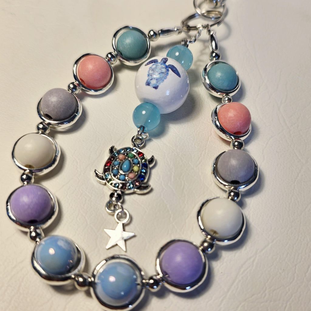 Pastel Turtle Charm Keychain | Silver Ocean Beaded Bag Charm | Handmade Coastal
