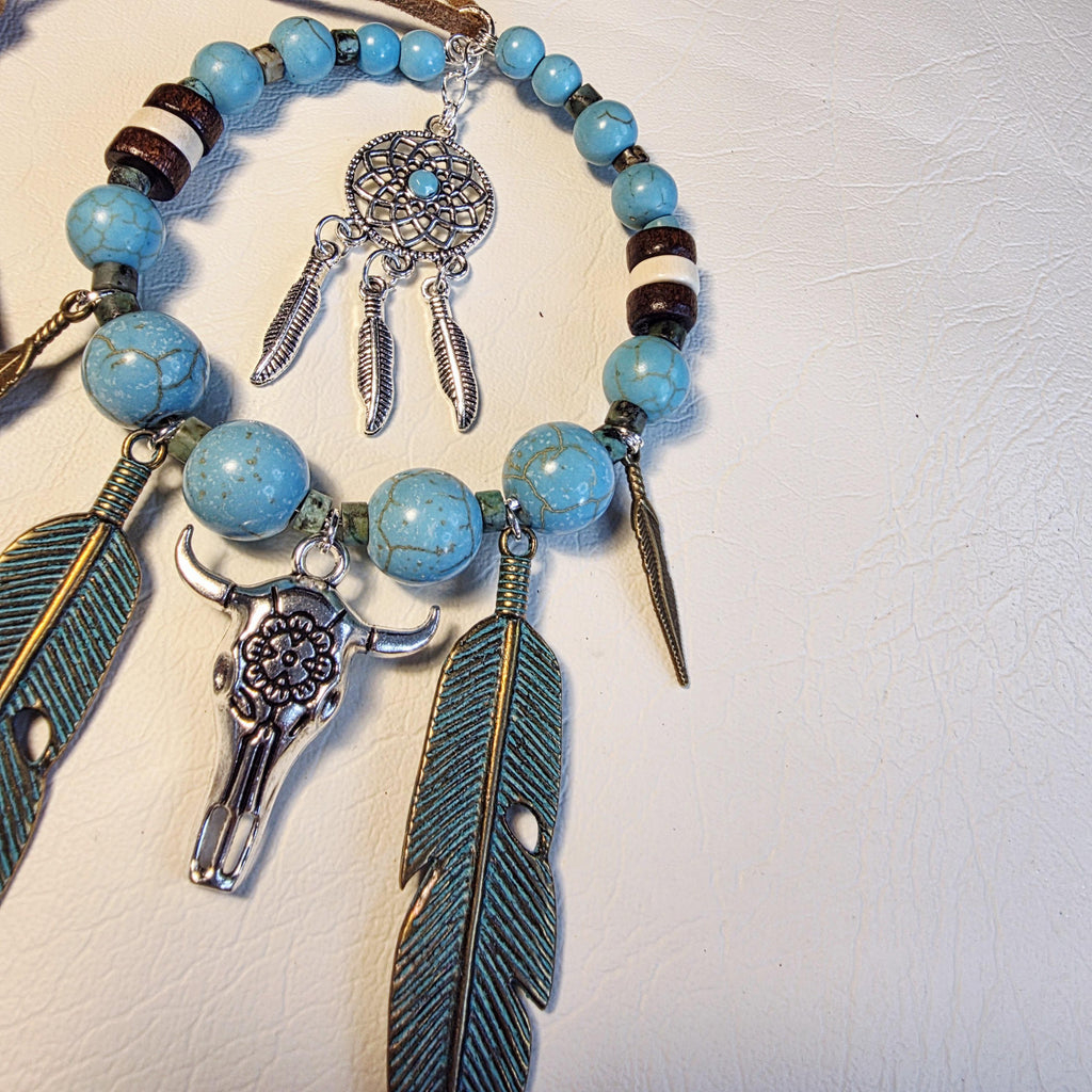 Western Cow Skull Rustic Car Mirror Hanger | Turquoise Boho Feather Dreamcatcher Decor