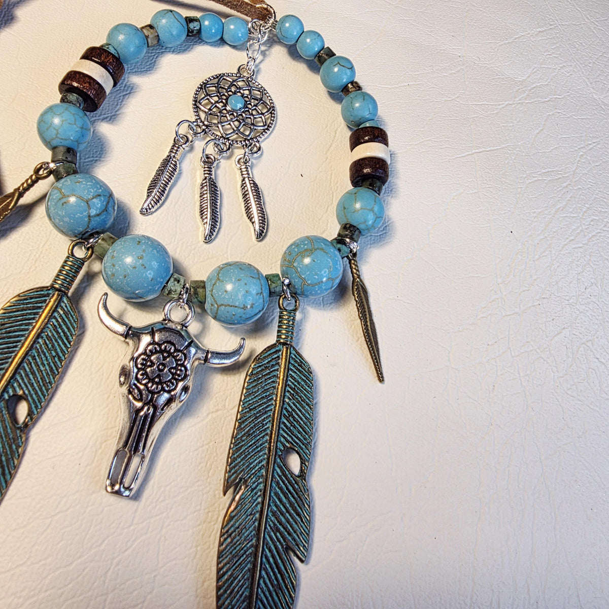 Western Cow Skull Rustic Car Mirror Hanger | Turquoise Boho Feather Dreamcatcher Decor