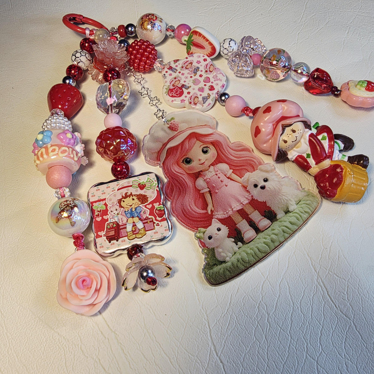 Strawberry Shortcake Bag Charm | Cute Pink Beaded Keychain | Nostalgic Y2K Accessory | Handmade Purse Charm