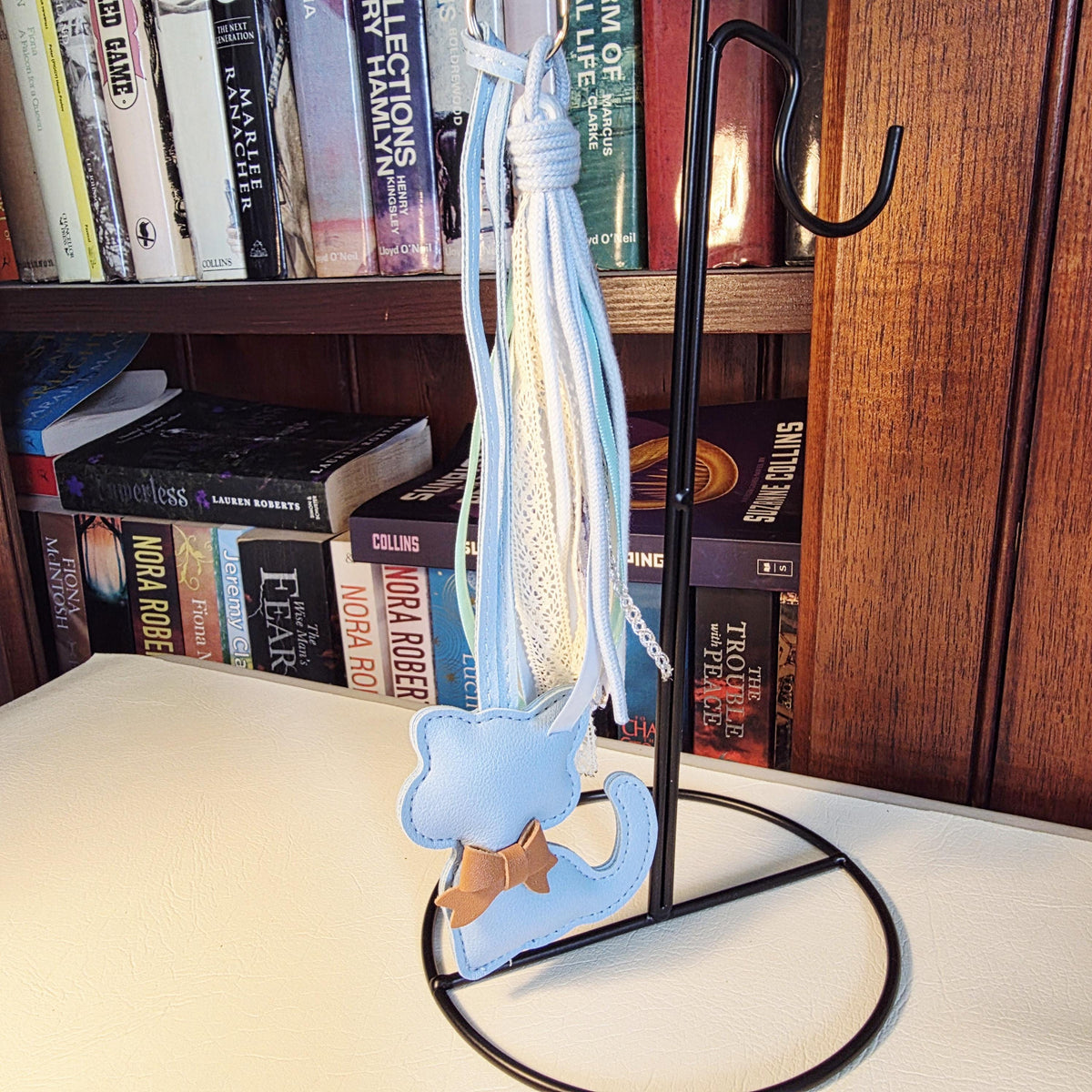 Cornflower Blue Faux Leather Cat Bag Charm | Handmade Tassel Keychain