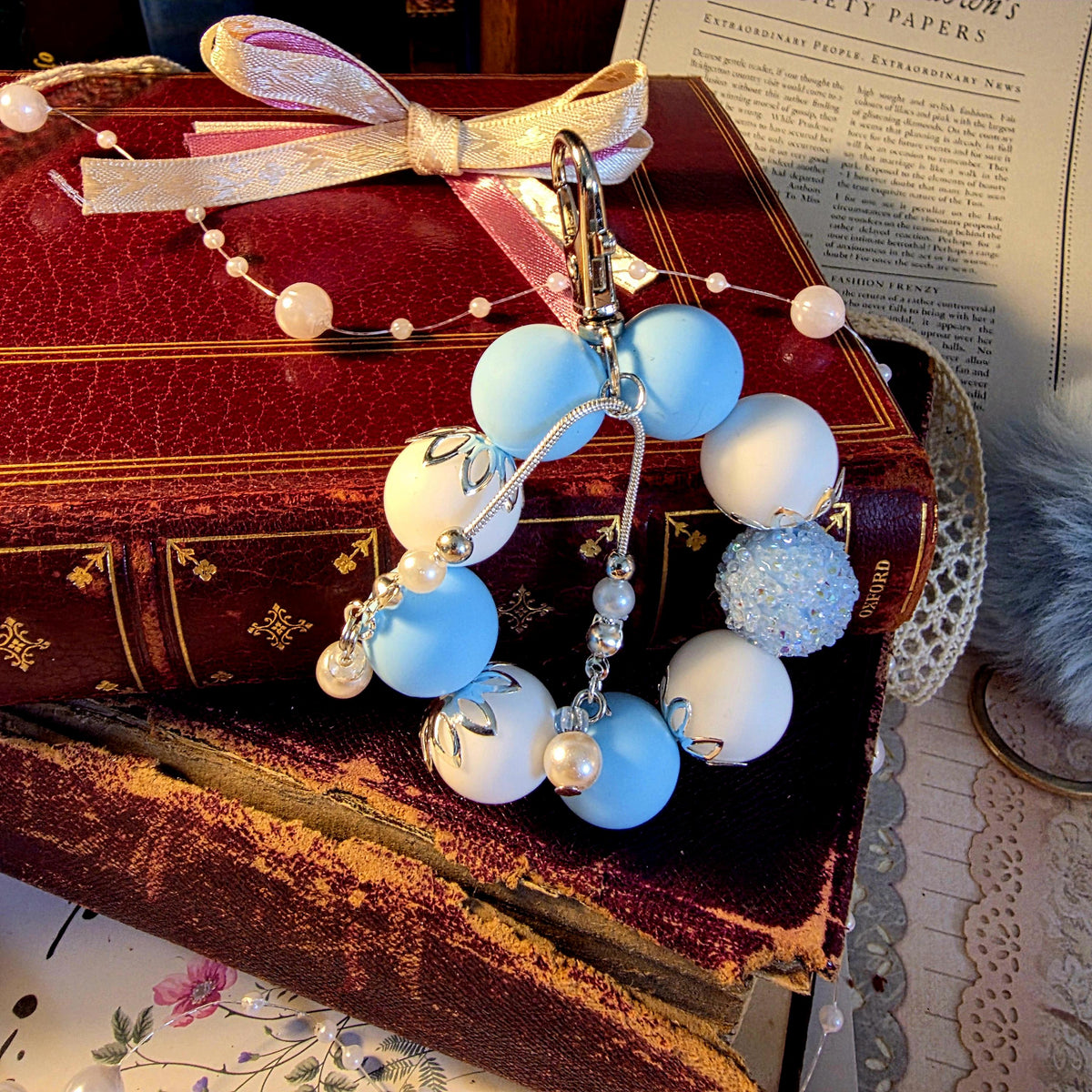Daphne Bag Charm | Blue Pearl Mini Keychain | Regency Inspired Charm | Bridgerton Inspired Accessory | Romantic Gift