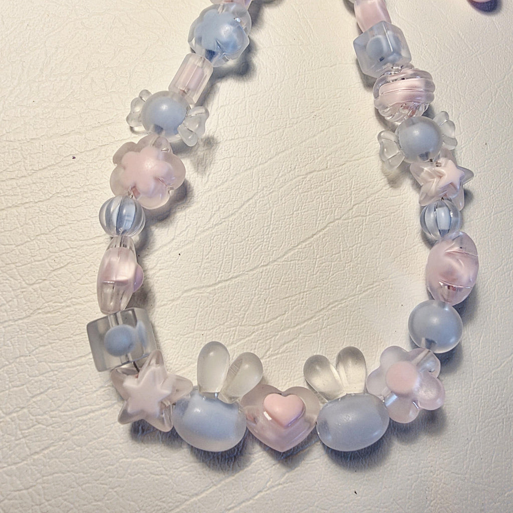 Pastel Beaded Phone or Bag Charm | Blue Pink Hearts, Stars, Flowers | Handmade Wrist Strap