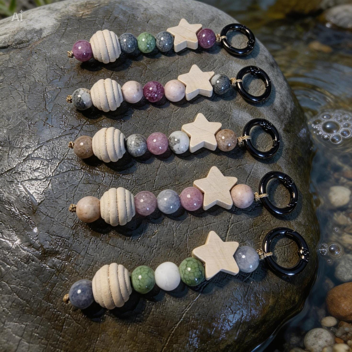 Natural Stone & Wooden Star Bag Charm | Handmade Earthy Keyring | blush pinks