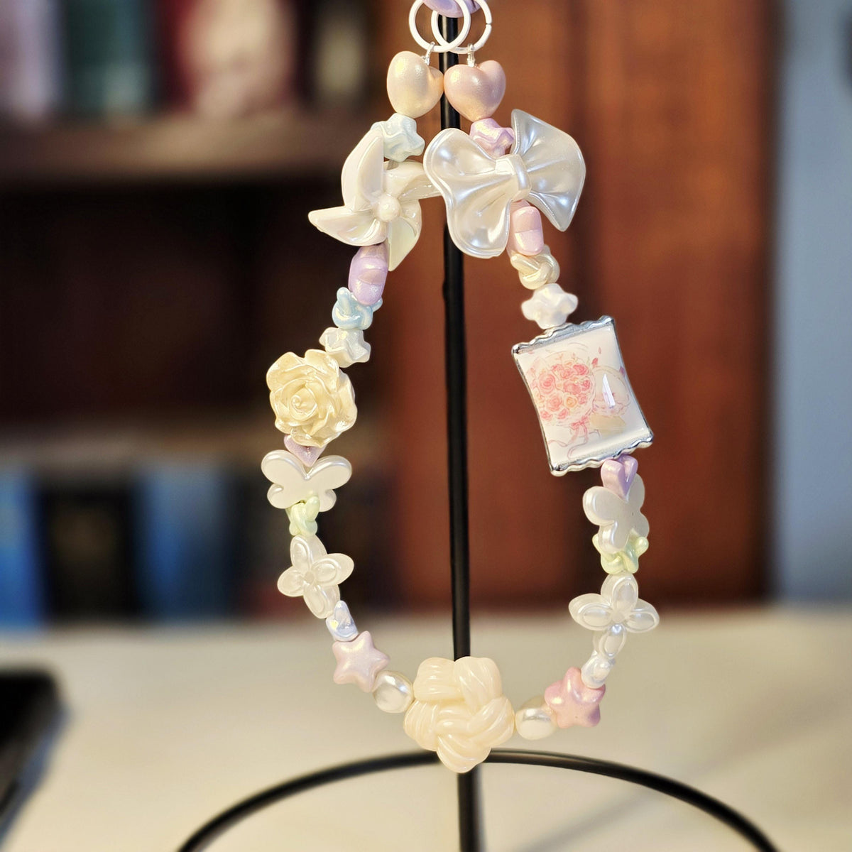 Pastel Floral Phone Charm | Butterfly & Bow Beaded Strap | Handmade Accessory
