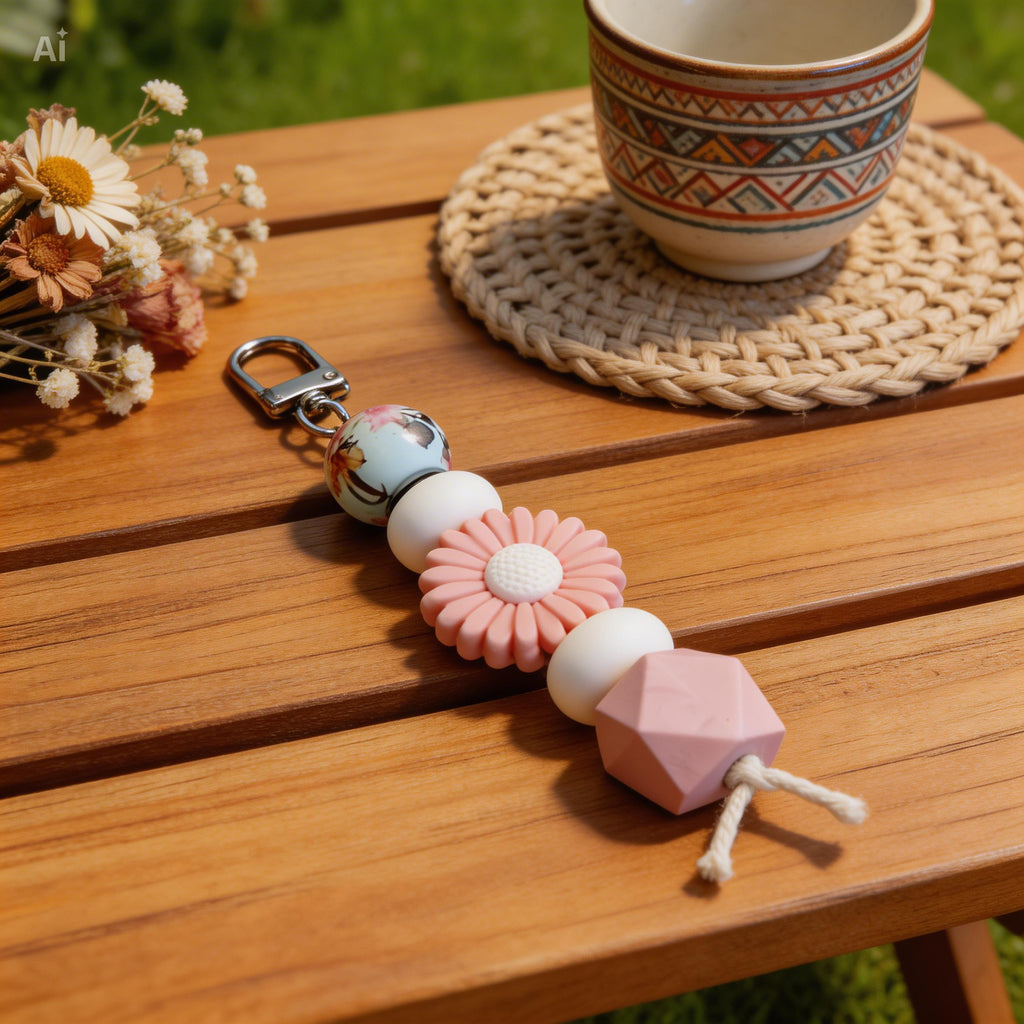 Blush Floral Daisy Bag Charm | Boho Keyring | Handmade Pastel Bead Charm