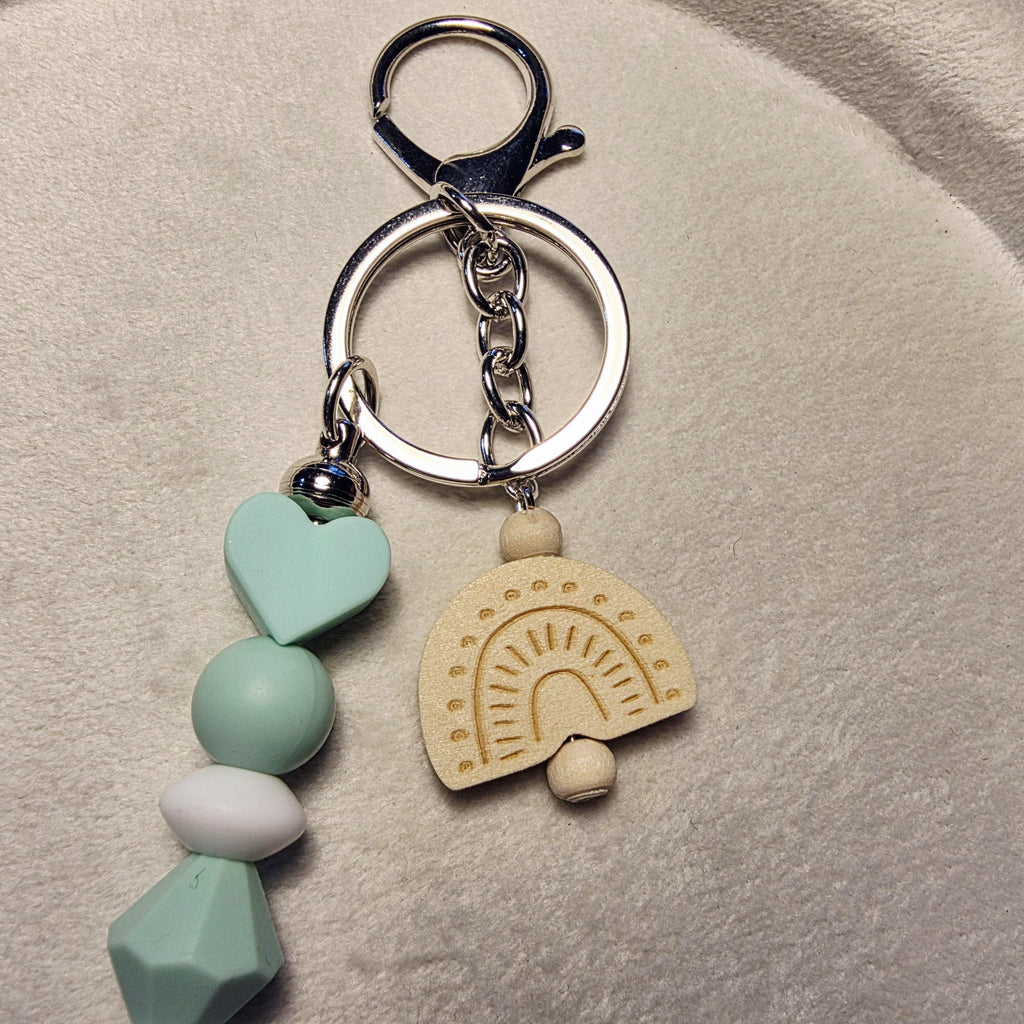 Mint & Neutral Keychain with Wooden Rainbow | Minimalist Beaded Charm | Handmade in Australia