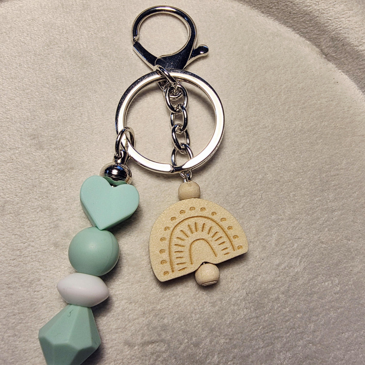 Mint & Neutral Keychain with Wooden Rainbow | Minimalist Beaded Charm | Handmade in Australia