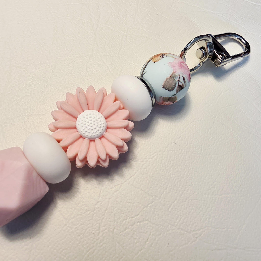 Blush Floral Daisy Bag Charm | Boho Keyring | Handmade Pastel Bead Charm