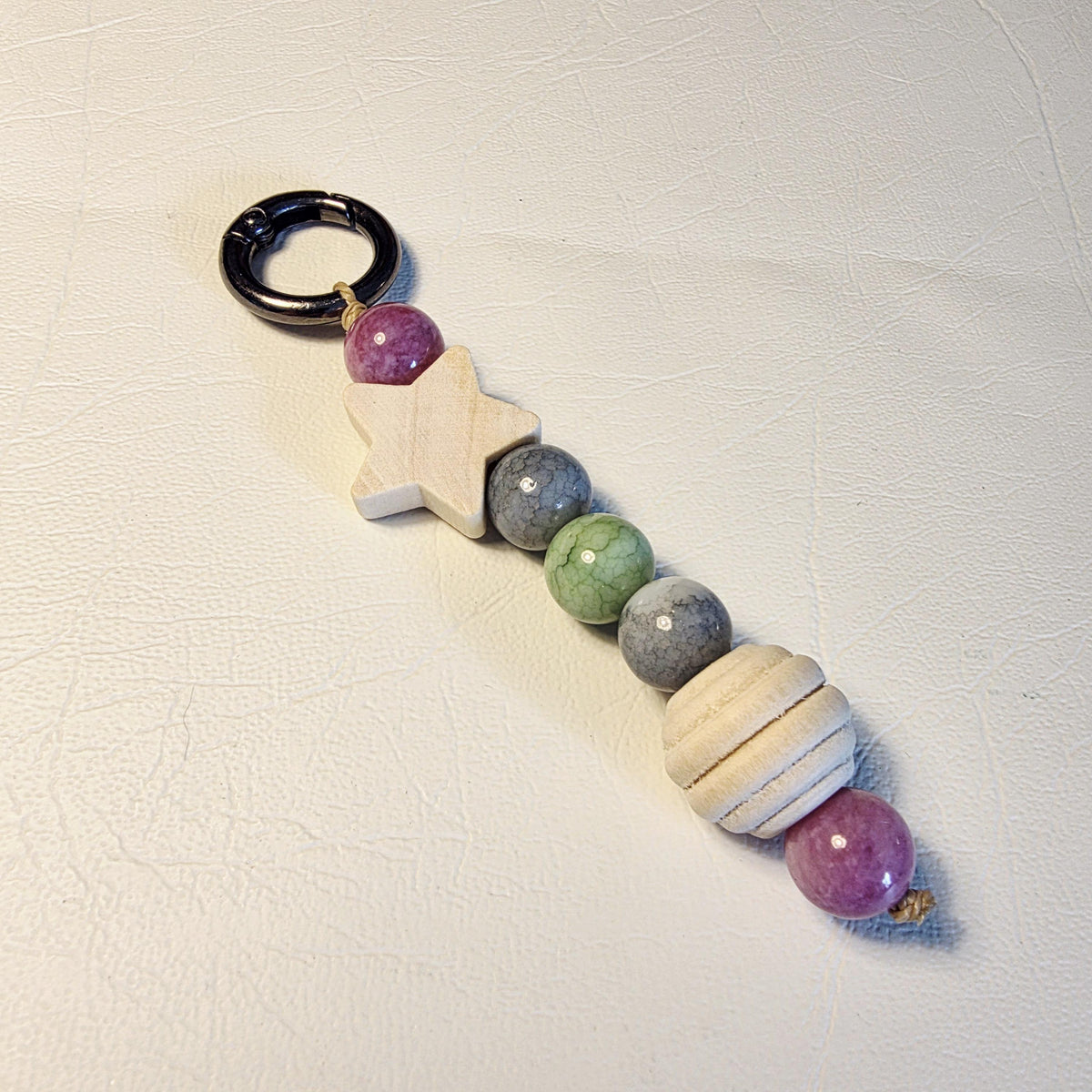 Natural Stone & Wooden Star Bag Charm | Handmade Earthy Keyring | Boho Bead Accessory – Blush Berry