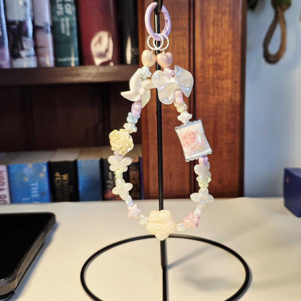 Pastel Floral Phone Charm | Butterfly & Bow Beaded Strap | Handmade Accessory