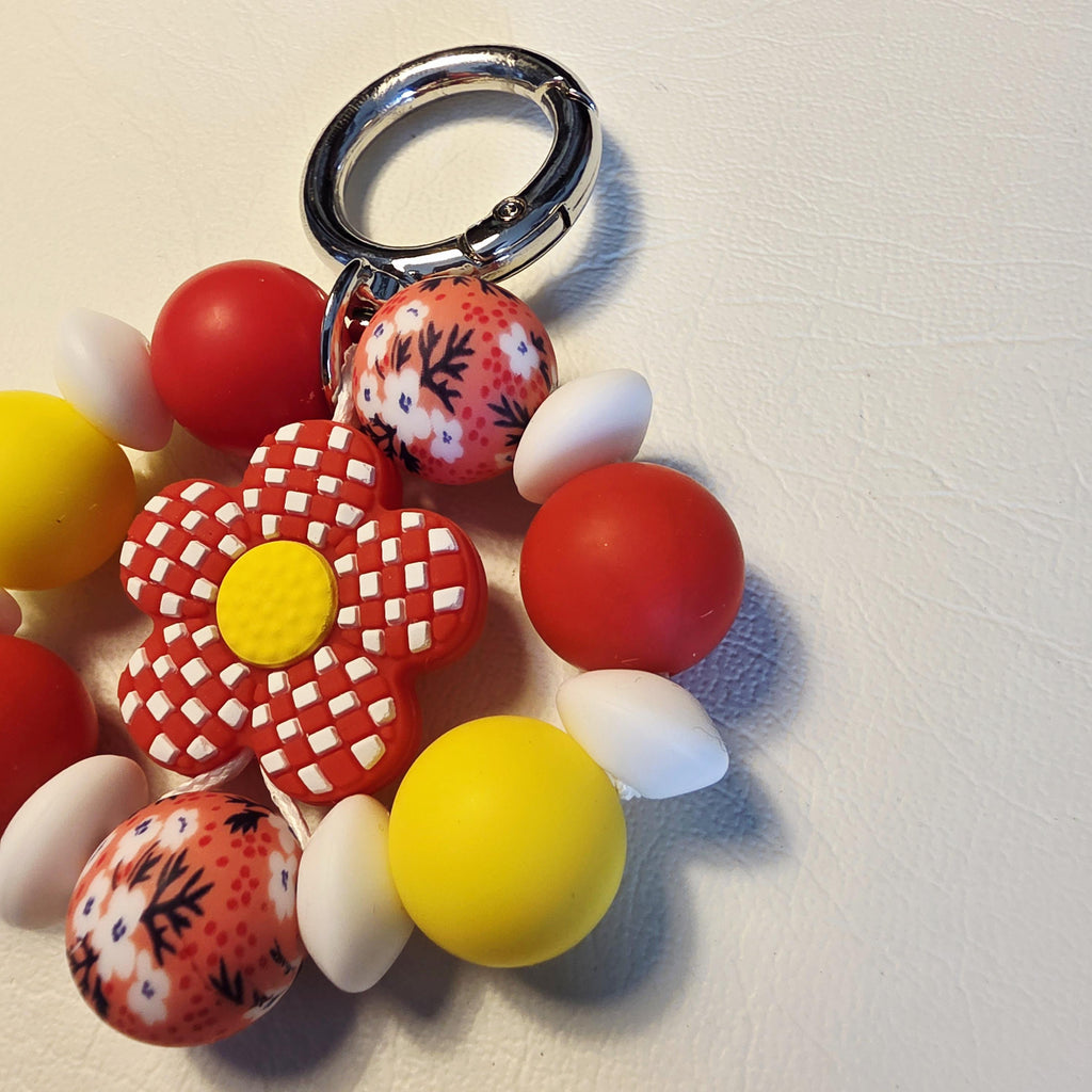 Red Daisy Silicone Keychain | Handmade Beaded Bag Charm | One of a Kind Gift