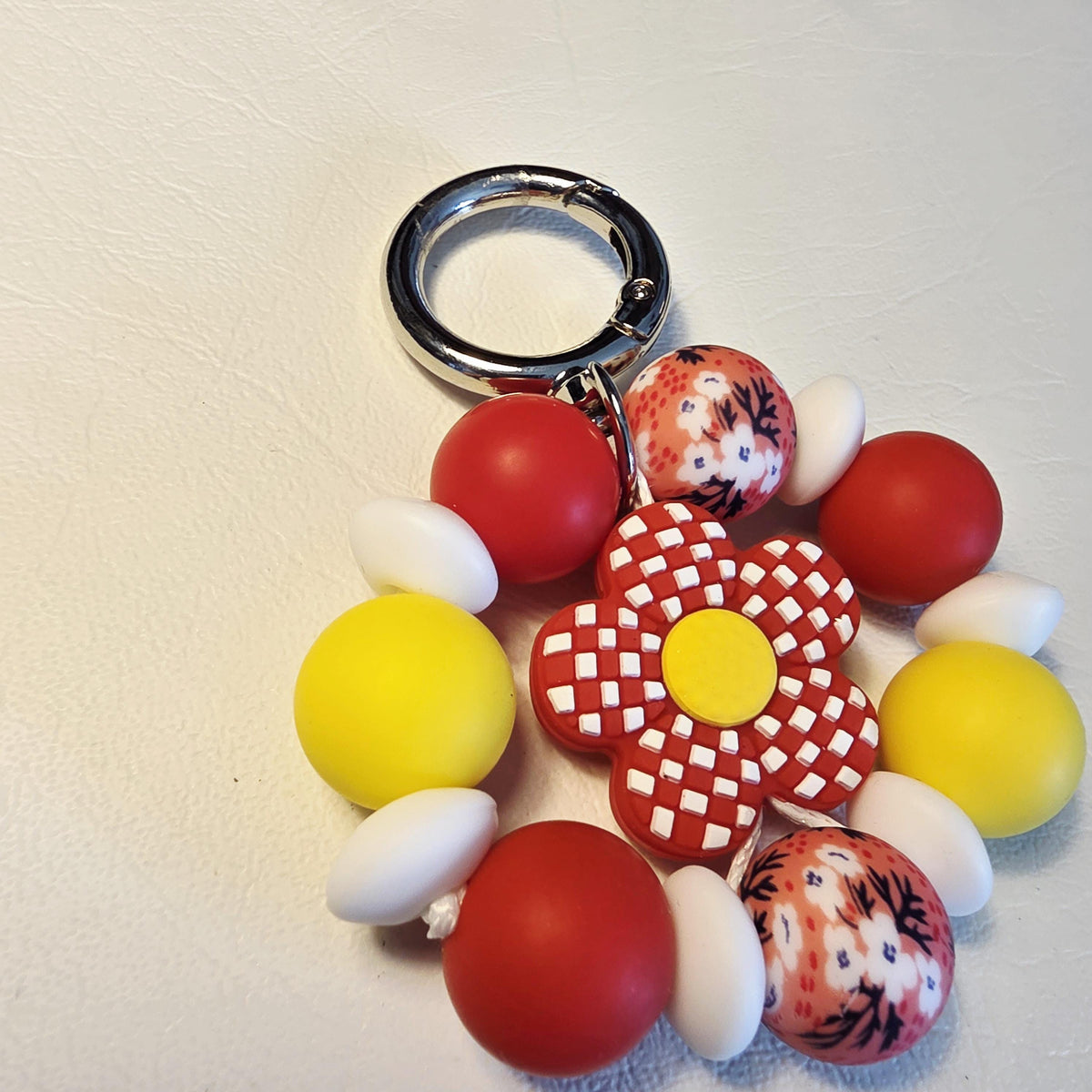 Red Daisy Silicone Keychain | Handmade Beaded Bag Charm | One of a Kind Gift