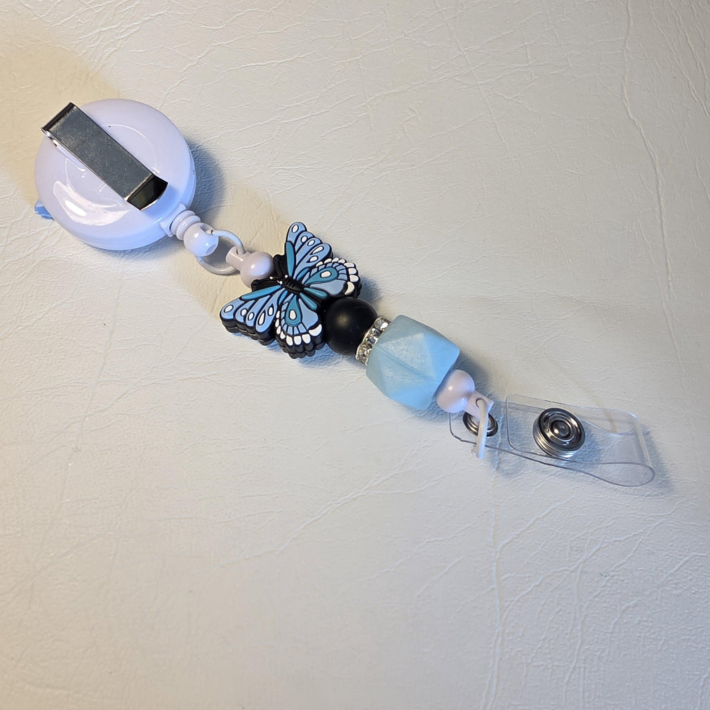 Blue Butterfly Badge Reel | Silicone Bead Retractable ID Holder | Cute Butterfly Lanyard