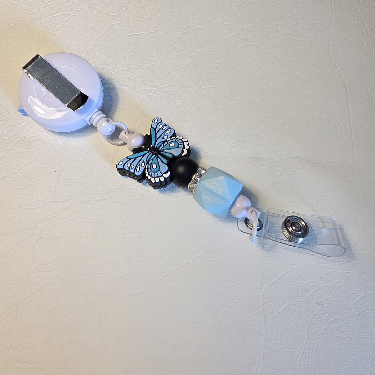Blue Butterfly Badge Reel | Silicone Bead Retractable ID Holder | Cute Butterfly Lanyard