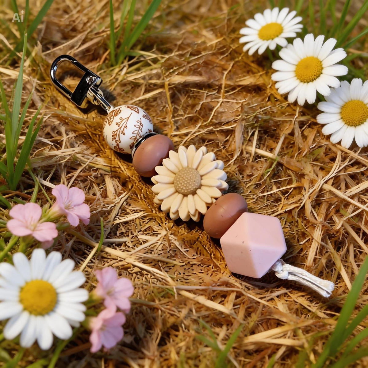 Meadow Daisy Bag Charm | Boho Nature Keyring | Handmade Earthy Bead Charm