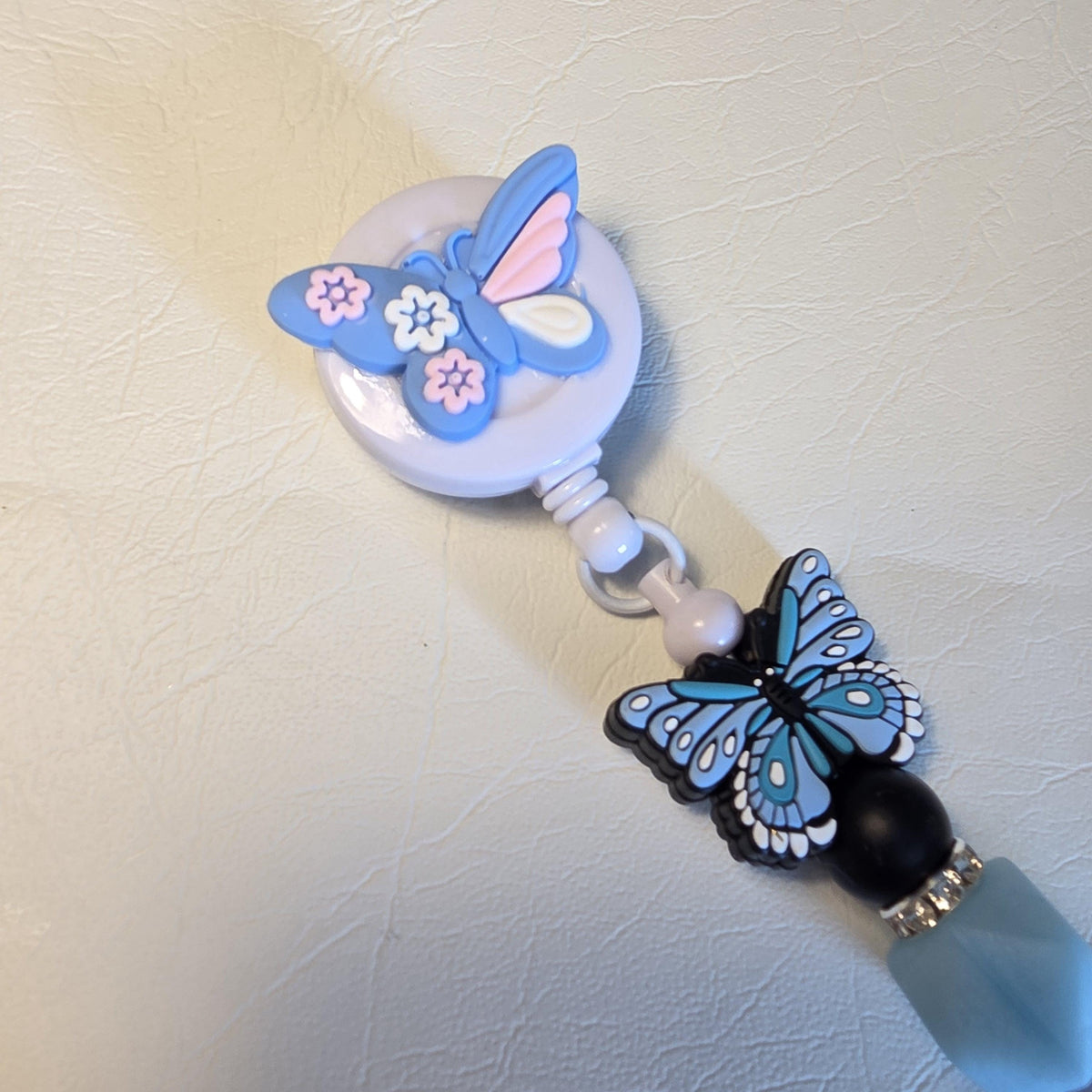 Blue Butterfly Badge Reel | Silicone Bead Retractable ID Holder | Cute Butterfly Lanyard
